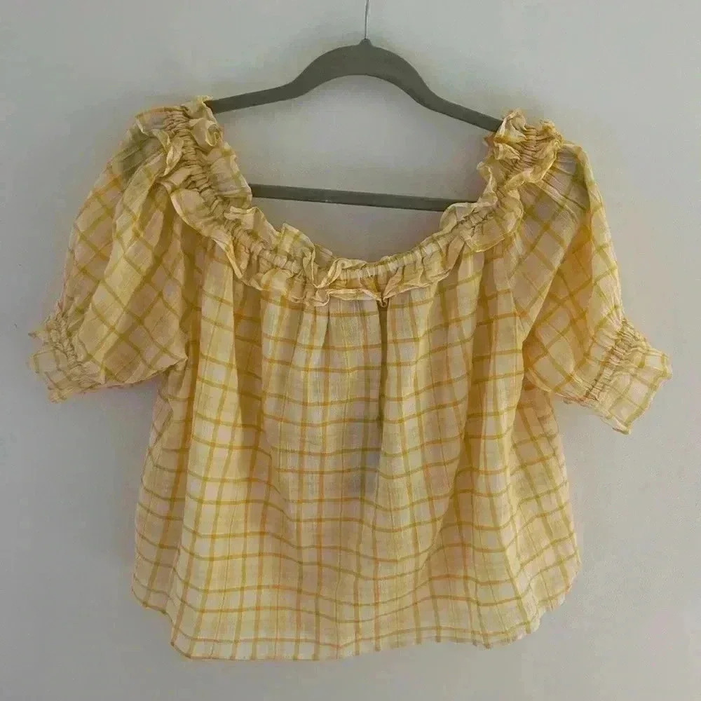 TOMMY HILFIGER  plaid off the shoulder ruffle top blouse Ralph Lauren j crew
